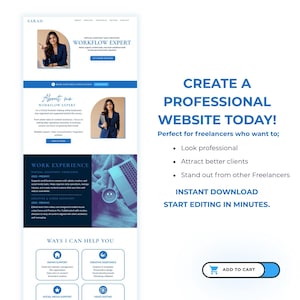 May include: A website template design with a blue and white color scheme. The design includes sections for a virtual assistant, work experience, and services. Text on the design reads "Create a Professional Website Today!" and "Instant Download."