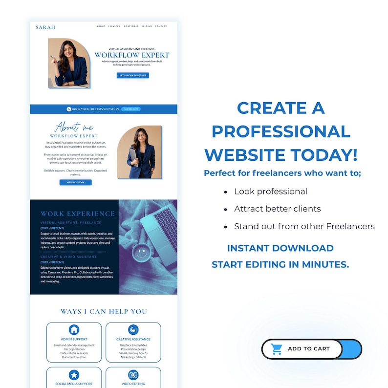 May include: A website template design with a blue and white color scheme. The design includes sections for a virtual assistant, work experience, and services. Text on the design reads "Create a Professional Website Today!" and "Instant Download."