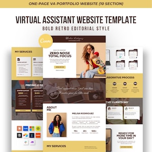 May include: A digital website template for a virtual assistant portfolio featuring a bold retro editorial style. The layout includes sections for services, pricing, about me, and client testimonials with a colour palette of yellow, white, and dark brown.