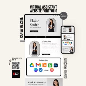 Plantilla de Canva para portafolio de asistente virtual (negro), kit de medios para sitio web de asistente virtual, página de inicio de servicios freelance.