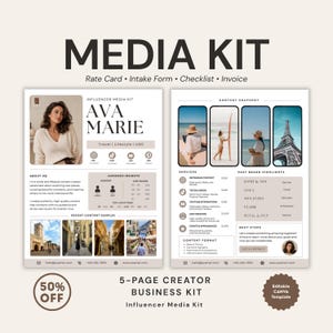 Könnte beinhalten: Eine zweiseitige digitale Medienkit-Vorlage mit dem Titel Media Kit, die Abschnitte für Ava Marie enthält, darunter eine Vorstellung, Zielgruppenanalysen, Inhaltsbeispiele, Dienstleistungen und Highlights vergangener Markenpartnerschaften.