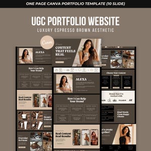 Peut inclure: Un modèle de portfolio Canva de dix diapositives pour un site web de portfolio UGC avec une esthétique brun expresso luxueuse. La mise en page comprend des sections pour les services de marque, les témoignages et des exemples de contenu.
