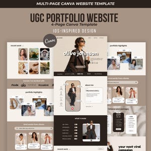 Puede incluir: Una plantilla de sitio web de cuatro páginas en Canva para un portafolio UGC con un diseño inspirado en iOS. El diseño incluye secciones para trabajos recientes, colaboraciones de marca, destacados del portafolio y testimonios de clientes.