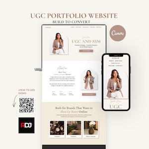Op de afbeelding: Een digitale weergave van een UGC-portfolio website template op een laptop- en smartphonescherm. Het ontwerp bevat een neutraal kleurenpalet, een QR-code voor een demo en tekst waaronder UGC PORTFOLIO WEBSITE, BUILD TO CONVERT en SARAH.
