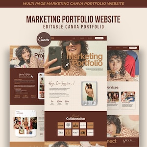 May include: A multi-page marketing portfolio website template for Canva featuring a brown and cream color scheme. The layout includes sections for a bio, services, project highlights, and brand collaborations with various logos displayed.
