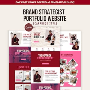 May include: A ten-slide Canva portfolio template for a brand strategist, featuring a scrapbook-style layout with dark red and pink color schemes, text headers like Brand Architect, and various photo placeholders with paper clip and tape graphics.