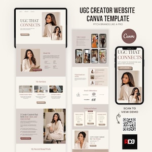 May include: A Canva template for a UGC creator website featuring a neutral color palette, text reading UGC THAT CONNECTS, sections for services, brand collaborations, and pricing, along with a mobile phone display and a QR code for a demo.