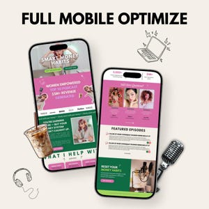 May include: Two smartphones displaying website layouts with pink and green accents. One phone shows "Smart Money Habits" and "Women Empowered" text. A microphone, headphones, and a laptop doodle are also present.