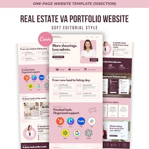 May include: A one-page website template for a real estate virtual assistant portfolio featuring a soft editorial style. The layout includes sections titled Real Estate VA Portfolio Website, More showings. Less admin., and Practical tools. Organized support.