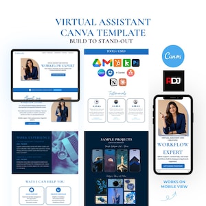 May include: A digital marketing Canva template for virtual assistants. The design includes a website layout, phone mockups, and testimonials. The text reads "Virtual Assistant Canva Template" and "Workflow Expert."