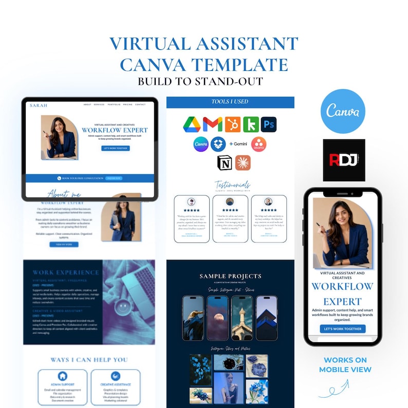 May include: A digital marketing Canva template for virtual assistants. The design includes a website layout, phone mockups, and testimonials. The text reads "Virtual Assistant Canva Template" and "Workflow Expert."