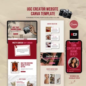 May include: A digital marketing template for UGC creators, featuring a website design on a tablet and phone, with the text "UGC Creator Website Canva Template." The design includes a camera graphic and the Canva logo.