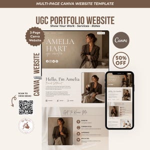 Könnte beinhalten: Eine 3-seitige Canva-Website-Vorlage für ein UGC-Portfolio mit dem Text "UGC PORTFOLIO WEBSITE", "Show Your Work - Services - Rates", "AMELIA HART", "Hello, I'm Amelia" und "Get To Know Me". Enthält eine mobile Ansicht, QR-Code und 50% Rabatt-Badge.