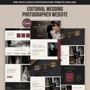 Puede incluir: Una plantilla de sitio web de diez diapositivas en Canva para fotógrafos de bodas editoriales. El diseño presenta una paleta de colores neutros con acentos en rojo oscuro, tipografía serif y espacios para fotos de bodas, anillos y retratos.