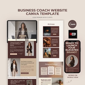 May include: A digital website template for business coaches featuring a desktop layout and a mobile view. The design uses a brown and cream colour palette with sections for services, pricing, and contact information, including text elements like Business Coach Website Canva Template and Ready to Launch Your Elevated Brand.