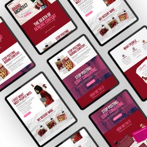 May include: Multiple tablets displaying website mockups with a red and white color scheme. The text includes phrases like "Stop Posting Boring Content" and "Start Converting." The images also feature food items.