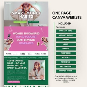 May include: A Canva website template with a pink and green color scheme. The design includes the text "Smart Money Habits" and "Women Empowered Top 50 Podcast." Sections include Home Page, Authority, Services, About, Podcast, and more.