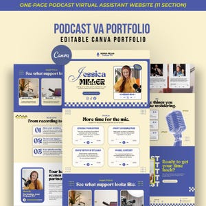 May include: A digital portfolio template for a podcast virtual assistant featuring a cream and blue color scheme. The layout includes sections for services, sample projects, and contact information with text reading Podcast VA Portfolio.