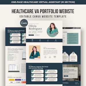 May include: A digital one-page healthcare virtual assistant portfolio website template for Canva. The layout features dark blue and cream sections with text, icons, and placeholders for professional photos, showcasing services like patient scheduling and billing.