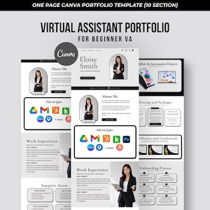 Puede incluir: Una plantilla de portafolio de Canva de una página para asistente virtual con diez secciones. El diseño incluye encabezados de texto como Virtual Assistant Portfolio, About Me, Work Experience y Support Areas, con marcadores de posición.