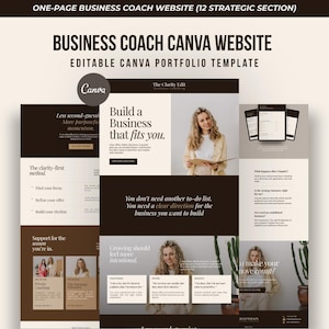 Puede incluir: Una plantilla de sitio web de una página para coach de negocios con un esquema de color marrón oscuro y crema. El diseño incluye secciones para estrategia empresarial, servicios de coaching y elementos de portafolio con el texto "Build a Business that fits you."