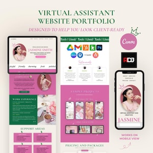 Puede incluir: Diseño de portafolio de sitio web para un asistente virtual, con una combinación de colores rosa y verde. El diseño incluye ejemplos de proyectos, testimonios e información de precios. El texto dice "Jasmine Smith" y "Virtual Assistant and Creatives".