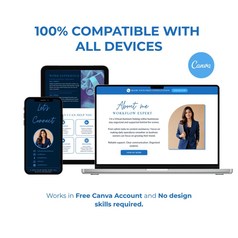 May include: A digital marketing graphic showcasing a website design on a laptop, tablet, and smartphone. The design features a professional woman, with text that reads "About me, Workflow Expert." The image also includes the text "100% Compatible with All Devices."
