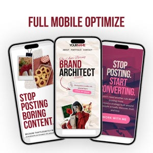 May include: Three smartphones displaying website mockups. The screens feature text like "STOP POSTING BORING CONTENT" and "BRAND ARCHITECT studio." One screen shows food photos, another a person in a red coat, and the third a call to action.