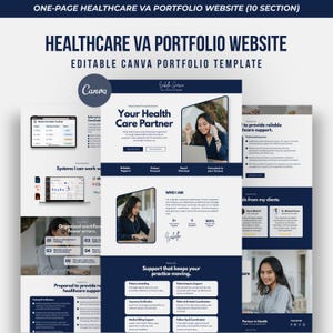 May include: A digital portfolio website template for a healthcare virtual assistant, featuring a dark blue and white colour scheme. The layout includes sections for professional experience, testimonials, and service descriptions with text and images.