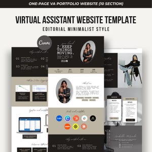 Può includere: Un modello di sito web di una pagina per assistente virtuale con uno schema di colori scuri e neutri. Il layout include sezioni per un profilo con foto circolari, elenchi di servizi, strumenti di gestione e pacchetti di prezzi.