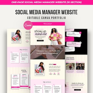 Peut inclure: Un modèle de site web d'une page pour gestionnaire de réseaux sociaux sur Canva avec un thème de couleurs rose et blanc. La mise en page comprend des sections pour la présentation, les services, les tarifs et les avis clients.