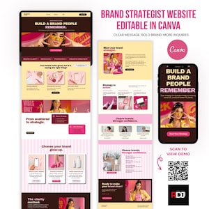May include: A digital website template for brand strategists, editable in Canva, featuring a desktop and mobile layout with pink and brown color schemes, text reading "BUILD A BRAND PEOPLE REMEMBER," and a QR code for a live demo preview.
