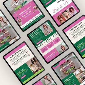 May include: Multiple tablets displaying podcast-related content. The screens feature text like "Smart Money Habits," "Women Empowered," and "Featured Episodes." The color scheme includes pink, green, and white, with images of a woman and podcasting equipment.