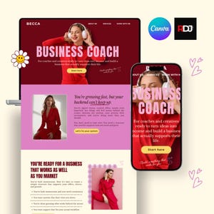 May include: A website design for a business coach, displayed on a laptop and a smartphone. The design features a red and pink color scheme with the text "BUSINESS COACH" and the call to action "Start here". The design also includes the Canva and RDJ logos.
