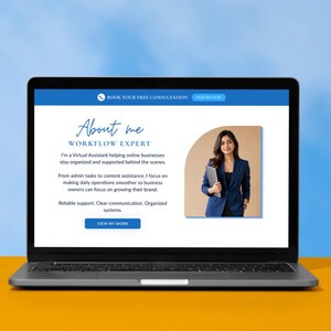 May include: A laptop displaying a website with the text "About me, Workflow Expert." The website features a photo of a woman holding a laptop, and the text describes virtual assistant services for online businesses. The laptop is on a yellow surface.