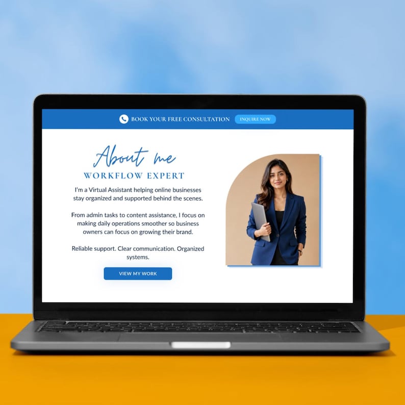 May include: A laptop displaying a website with the text "About me, Workflow Expert." The website features a photo of a woman holding a laptop, and the text describes virtual assistant services for online businesses. The laptop is on a yellow surface.