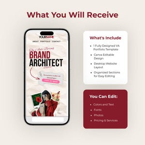May include: A digital marketing graphic with the text "What You Will Receive" and "The Anti-Boring Brand Architect Studio." The image includes a phone mockup, a list of included items, and a list of editable features.