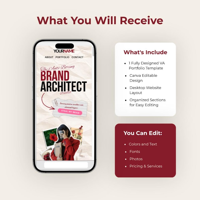 May include: A digital marketing graphic with the text "What You Will Receive" and "The Anti-Boring Brand Architect Studio." The image includes a phone mockup, a list of included items, and a list of editable features.
