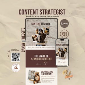 Estratega de contenido, plantilla web de Canva, sitio de portafolio de marca