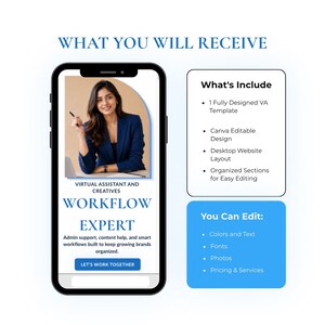 May include: A smartphone displays a virtual assistant workflow template. The image includes a woman in a blue blazer, the text "WORKFLOW EXPERT," and details about the template's features, such as Canva editing and desktop website layout.