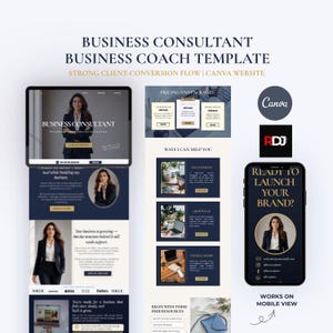Peut inclure: Un modèle de marketing numérique pour consultants et coachs d'affaires. La conception comprend une mise en page de site Web sur une tablette, une maquette de téléphone et diverses sections pour les prix, les services et les ressources. Le texte comprend "Business Consultant".