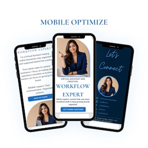May include: Three smartphones displaying website content. The first phone shows "Workflow Expert" text and a photo of a woman. The second phone displays "Virtual Assistant and Creatives" and "Workflow Expert" text. The third phone says "Let's Connect".