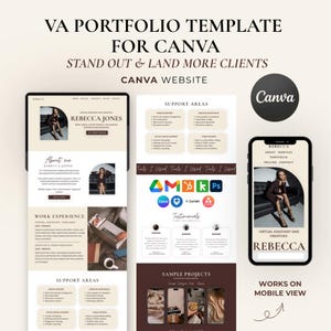 Può includere: Un modello di portfolio VA per Canva, con il testo "VA PORTFOLIO TEMPLATE FOR CANVA" e "STAND OUT & LAND MORE CLIENTS". Il design include sezioni per "About me", "Work Experience" e "Support Areas". Viene mostrata anche una vista mobile.