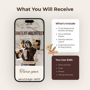 May include: A smartphone displays a website design with the text "CONTENT ARCHITECT." The image includes a list of features: a fully designed VA portfolio template, Canva editable design, desktop website layout, and organized sections for easy editing. The text "Turn your message into" is also visible.