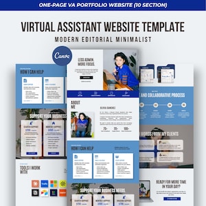 Puede incluir: Una plantilla de sitio web digital para asistentes virtuales con un diseño de diez secciones en bloques de color azul y blanco. El diseño incluye secciones para servicios, sobre mí, testimonios de clientes y herramientas, con encabezados de texto.