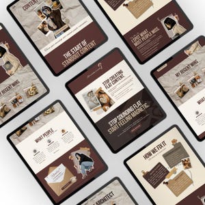 May include: A collection of tablets displaying website mockups with a brown and beige color scheme. The text includes phrases like "The Start of Standout Content" and "Stop Creating Flat Content." The tablets feature images and graphics.