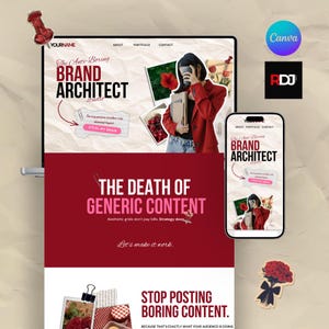 Puede incluir: Un diseño de marketing digital con un portátil y un smartphone que muestran un sitio web con el texto "BRAND ARCHITECT" y "THE DEATH OF GENERIC CONTENT". El diseño incluye una mujer con una chaqueta roja, flores y los logotipos de Canva y RDJ.