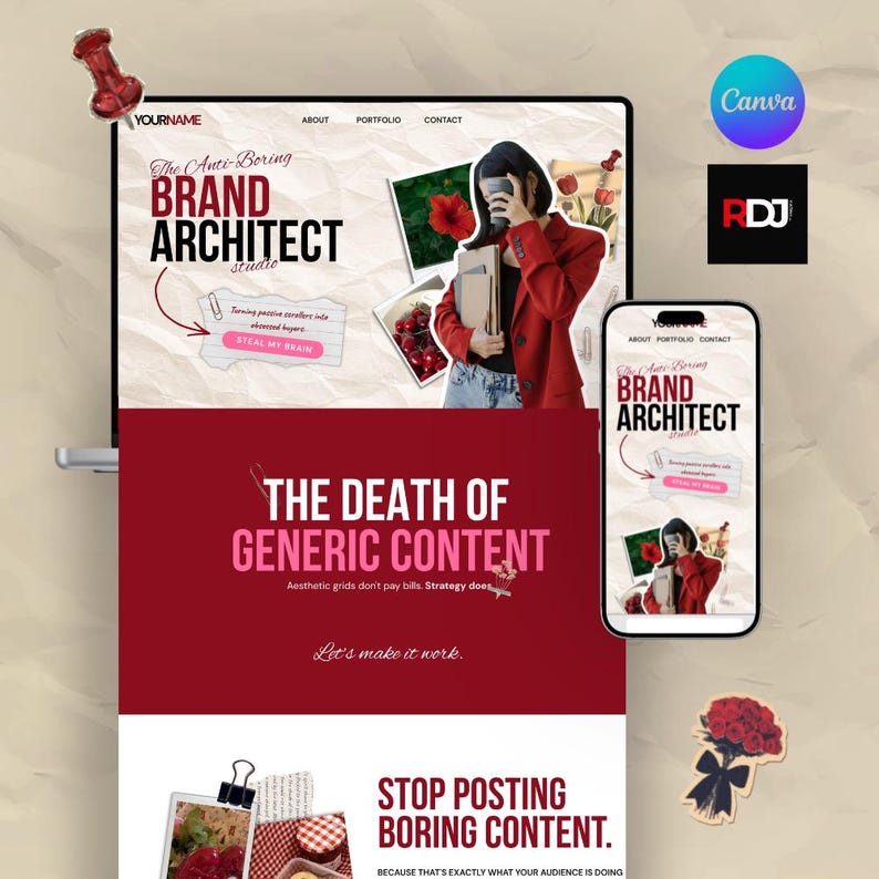 May include: A digital marketing design featuring a laptop and smartphone displaying a website with the text "BRAND ARCHITECT" and "THE DEATH OF GENERIC CONTENT". The design includes a woman in a red jacket, flowers, and the Canva and RDJ logos.