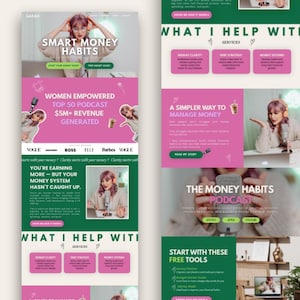 May include: A website layout with a pink and green color scheme. The text reads "Smart Money Habits" and "Women Empowered Top 50 Podcast $5M+ Revenue Generated." The site offers free tools and podcast information.