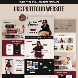 Op de afbeelding: Een meerpagina Canva website template voor een UGC portfolio met een neutraal kleurenpalet. Het ontwerp bevat secties voor getuigenissen, merkpartnerschappen, projectgalerijen en servicepakketten met bewerkbare tekst en afbeeldingsplaatsen.